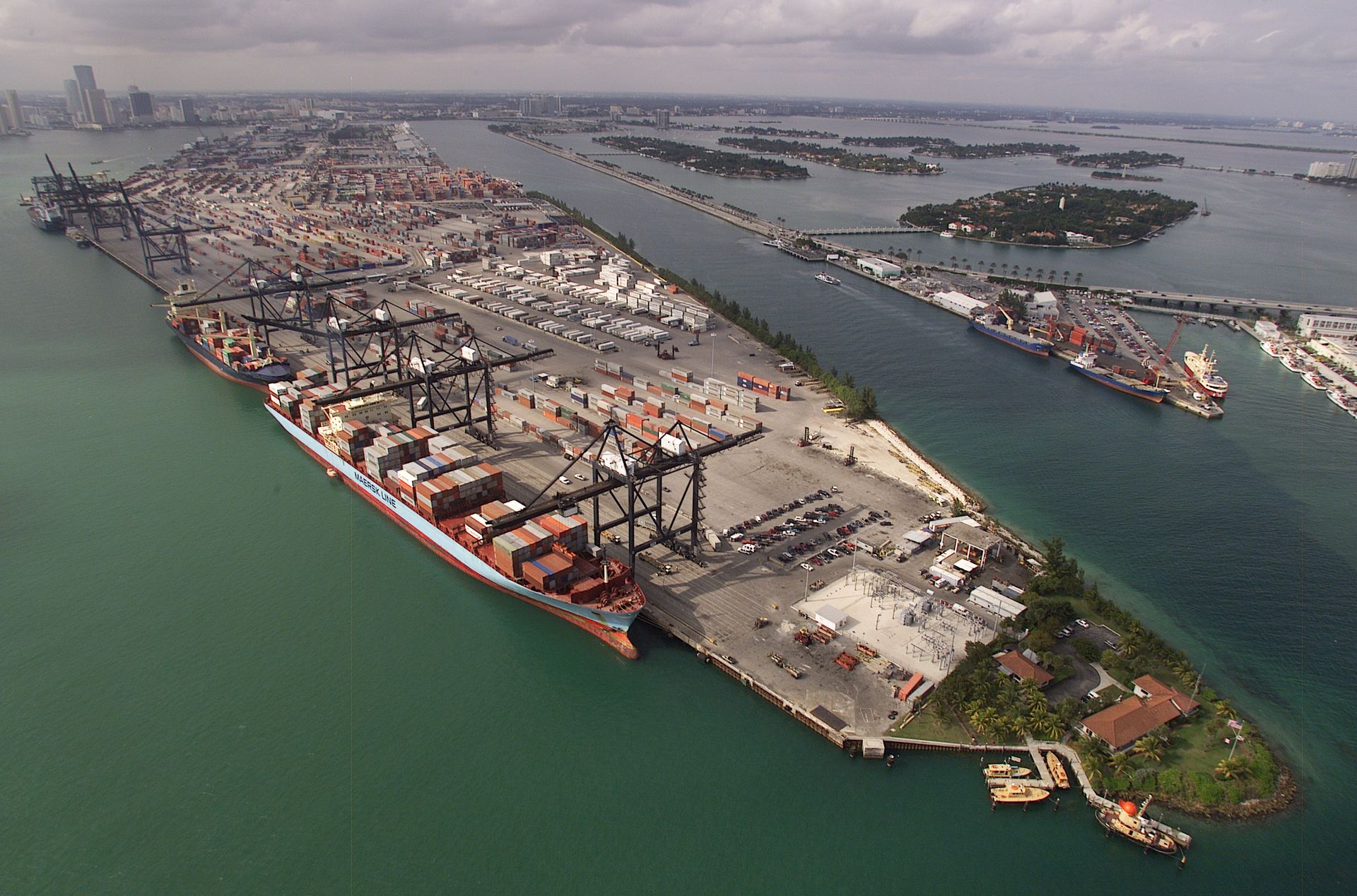 Aerial view of a busy container port